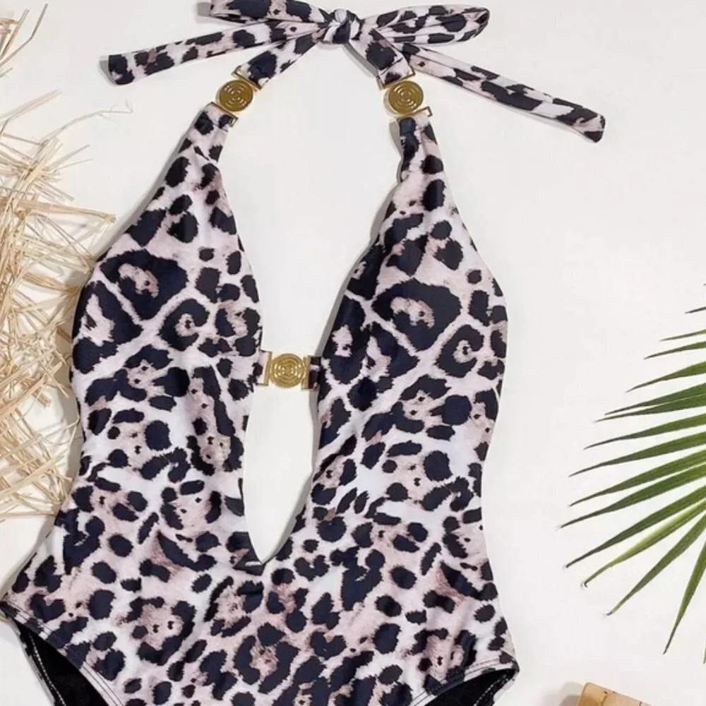 New Sexy Leopard Cut Out Front Onepiece Swimsuit